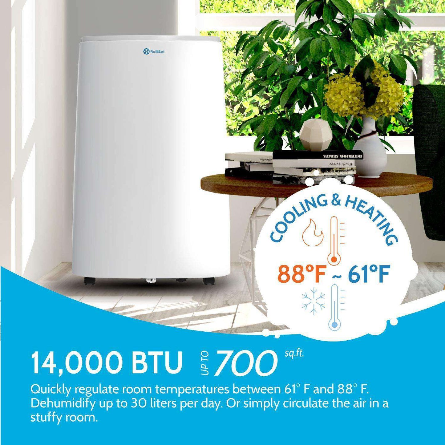 Rollibot Rollicool A20 14000 BTU Portable Smart Alexa Enabled Ultra Quiet Air Conditioner with Heater Dehumidifier Fan and Remote New