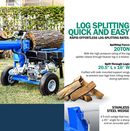 Landworks GUO079 7HP 212 CC 10" Diameter 20 Ton Hydraulic System Gas-Powered Log Splitter New
