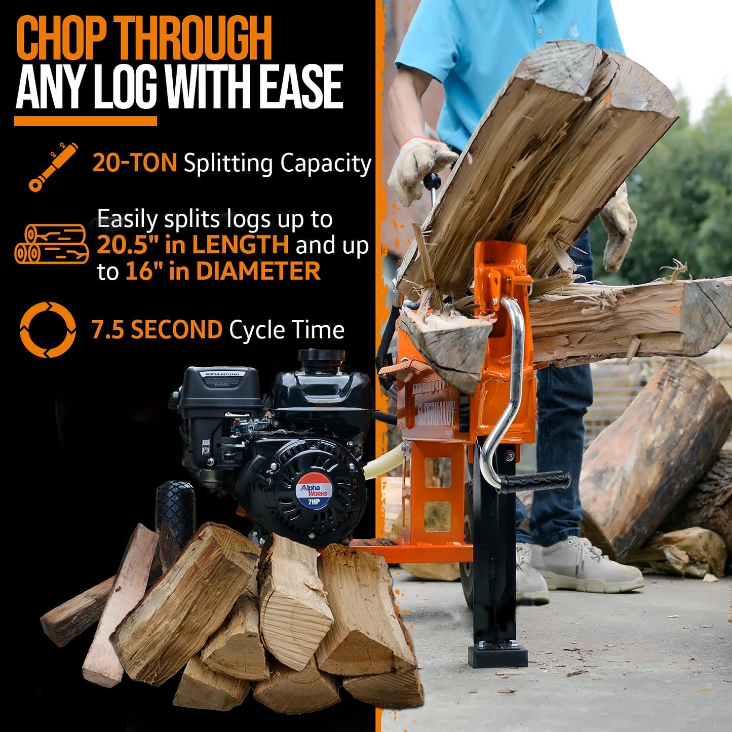 Super Handy GUO077 Portable 20 Ton Gas Powered Log Splitter New