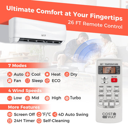 Costway Blast Series Mini Split Air Conditioner Heater Ductless 9000 BTU 17 SEER2 208-230V Remote Control 13847269 New
