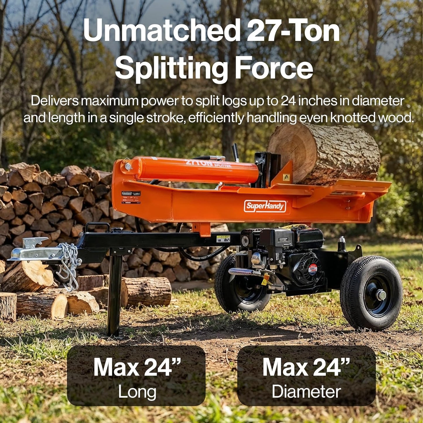 Super Handy GUT199 Log Splitter 27 Ton Full Beam Vertical/Horizontal 223cc Gas Towable New