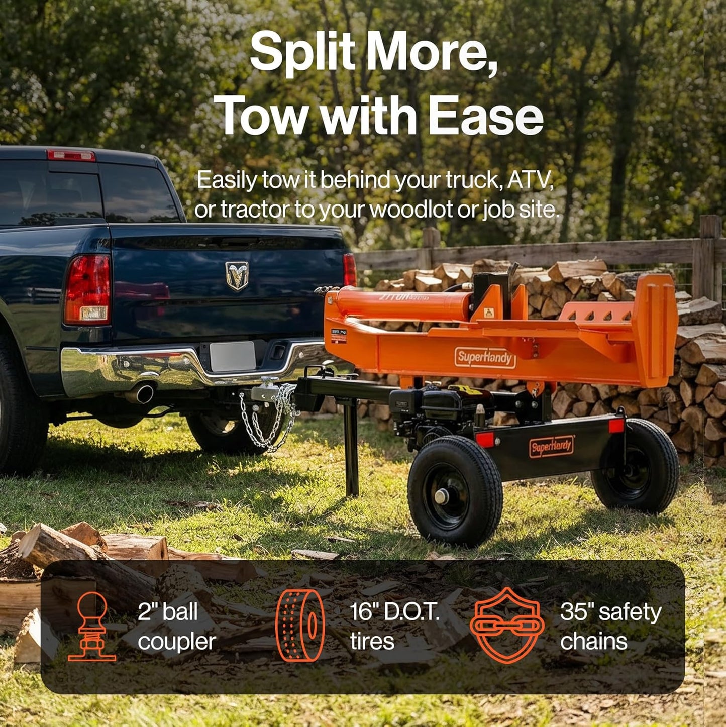 Super Handy GUT199 Log Splitter 27 Ton Full Beam Vertical/Horizontal 223cc Gas Towable New