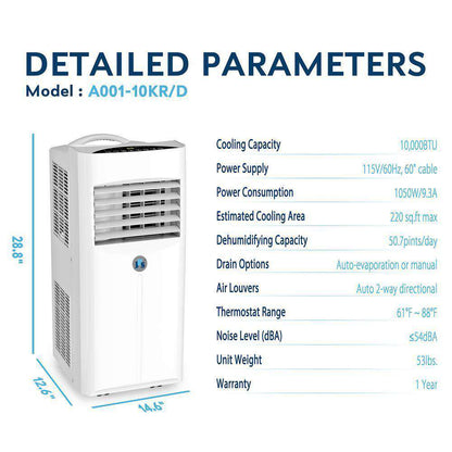 JHS A001-10KR/D 10,000 BTU Portable Air Conditioner with Dehumidifier and Remote White New