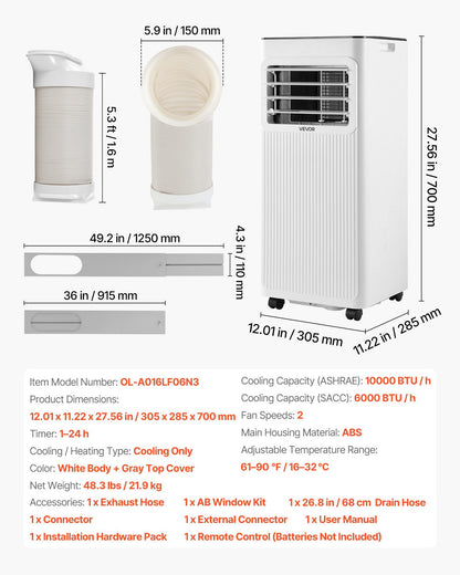 Vevor Portable Air Conditioner 10,000 BTU with LED Touch Panel Remote Control New